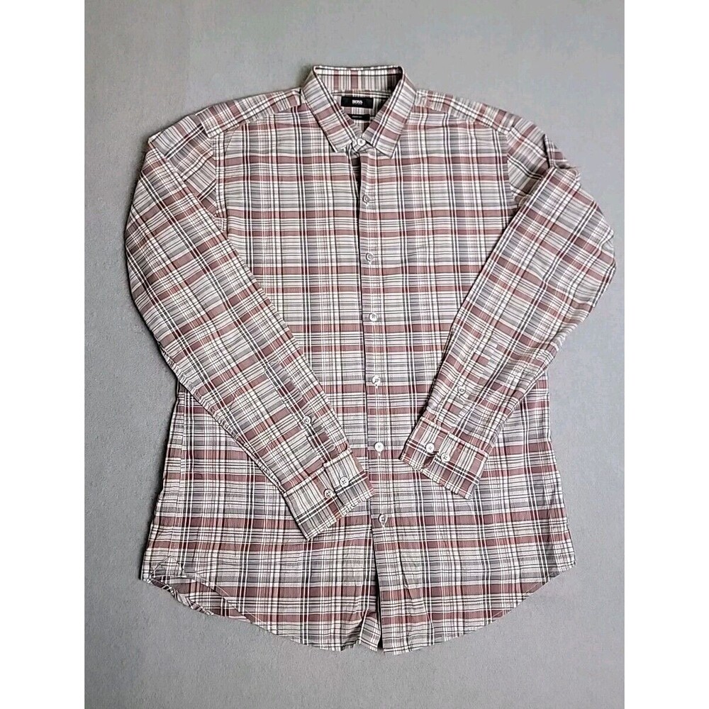 BOSS Hugo Boss Button Up Shirt Mens Large Burgundy Grey Plaid Sharp Fit Long Slv